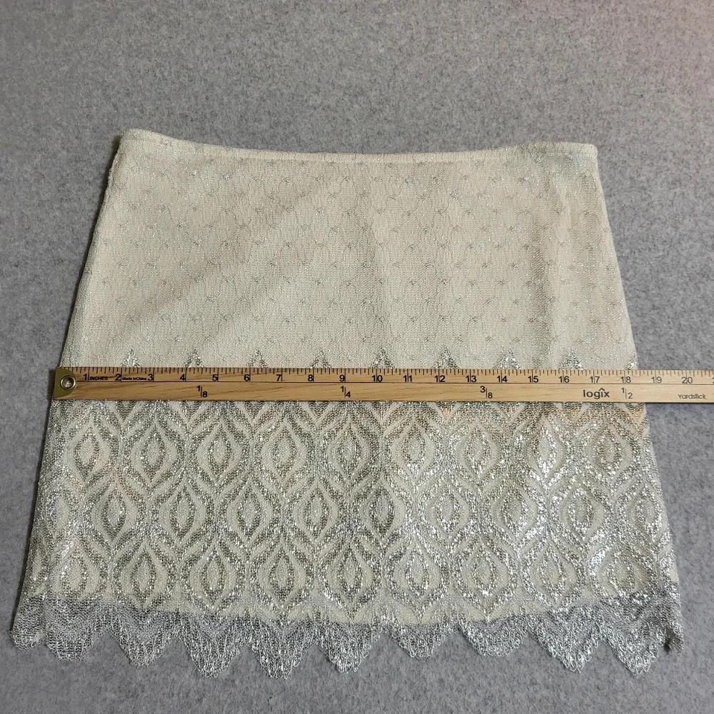 Free People Mini Lurex Skirt Sz 12 Ivory Silver Metallic Overlay Lace Glam Party